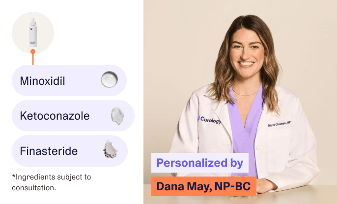 A list of example ingredients that may be included in Curology Hair Formula Rx next to a smiling female dermatology provider wearing a lab coat